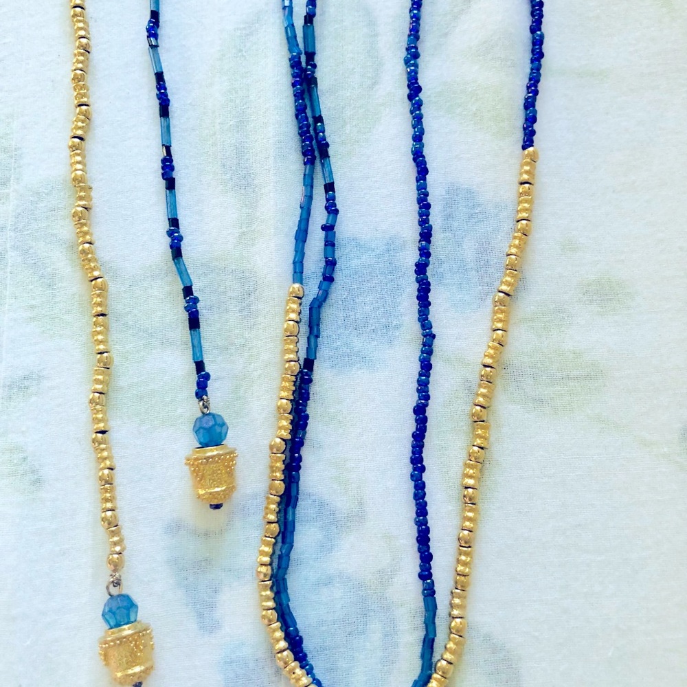 Blue and Gold Beaded Long Necklace - NWOT